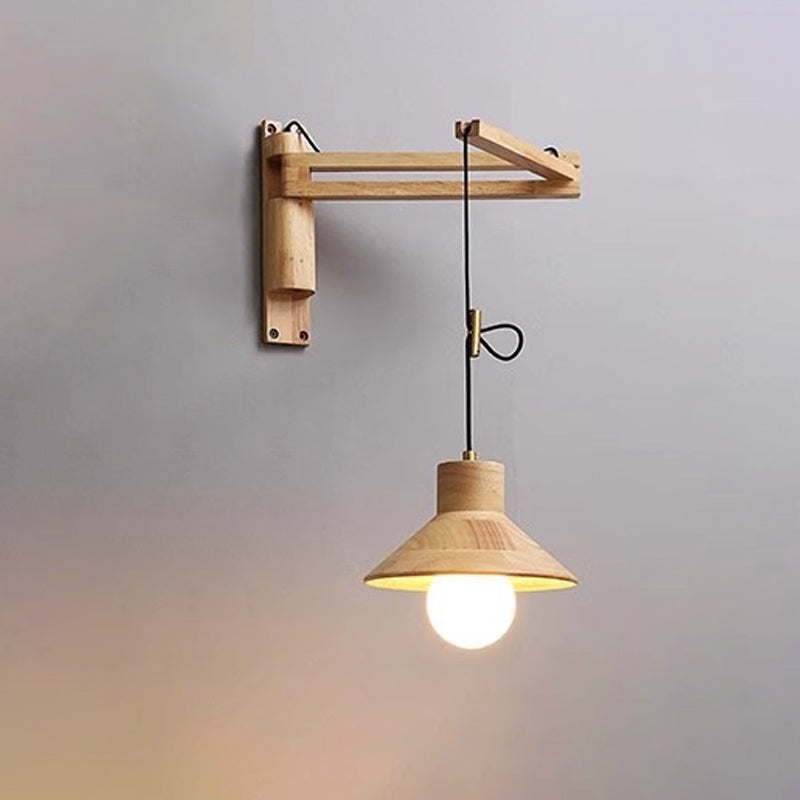 Contemporary Retro Wood Conic Bowl 1-Light Wall Sconce Lamp For Bedside