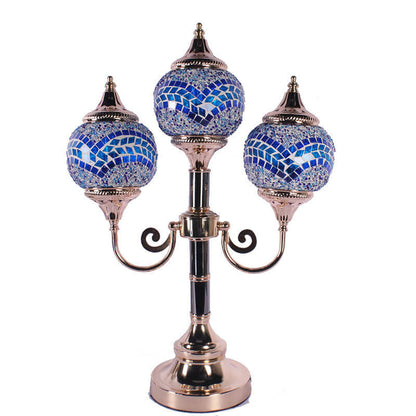 Traditional Rustic Stained Glass Round Shade Sconce 3-Light Table Lamp For Bedroom