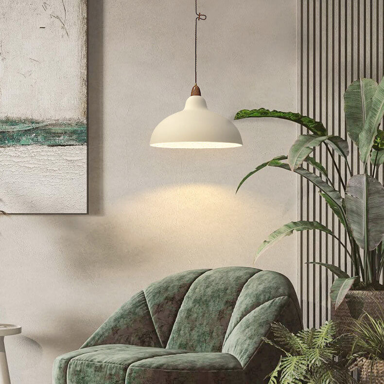 Japanese Simple Iron Dome Solid Wood Top 1-Light Pendant Light