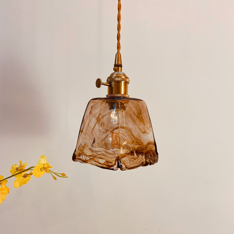 Traditional Vintage Amber Square Glass Brass 1-Light Pendant Light For Living Room