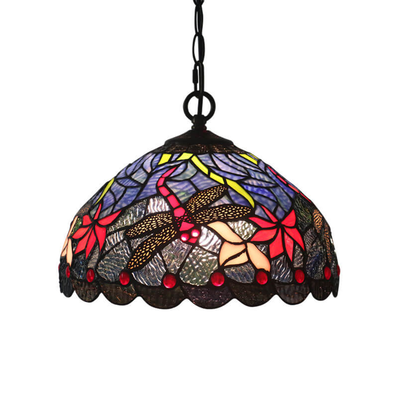 Tiffany Vintage Butterfly Stained Glass Dome 1-Light Pendant Light