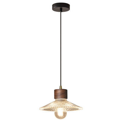 Traditional Chinese Iron Walnut Glass Conic Umbrella-Shaped 1-Light Pendant Light For Dining Room
