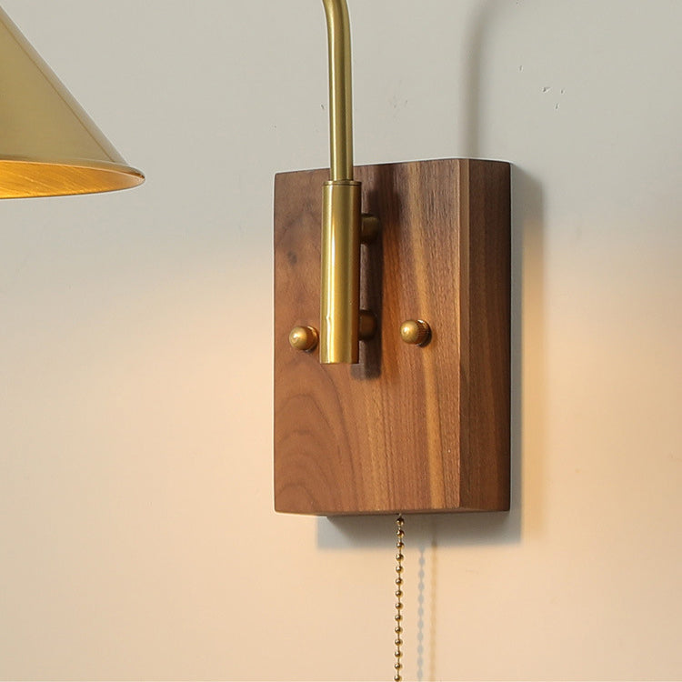 Contemporary Retro Brass Walnut Conic 1-Light Wall Sconce Lamp For Bedside