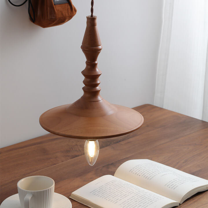 Japanese Vintage Brass Solid Wood Candlesticks Cone Plate 1-Light Pendant Light