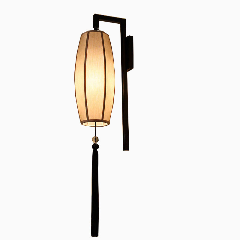 Chinese Vintage Painted Fabric Lantern Tassel 1-Light Wall Sconce Lamp
