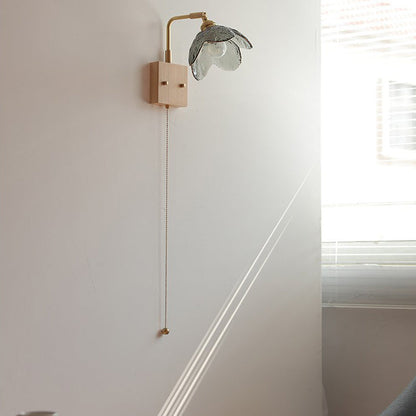 Traditional Japanese Wood Brass Glass Flower Hemispheric Pull Cord 1-Light Wall Sconce Lamp For Bedside
