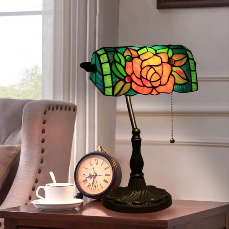 Tiffany Vintage Blooming Flowers Stained Glass 1-Light Bank Table Lamp
