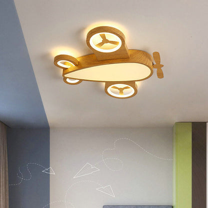 Cartoon Creative Wood Grain Aircraft LED Kids Flush Mount Ceiling Light