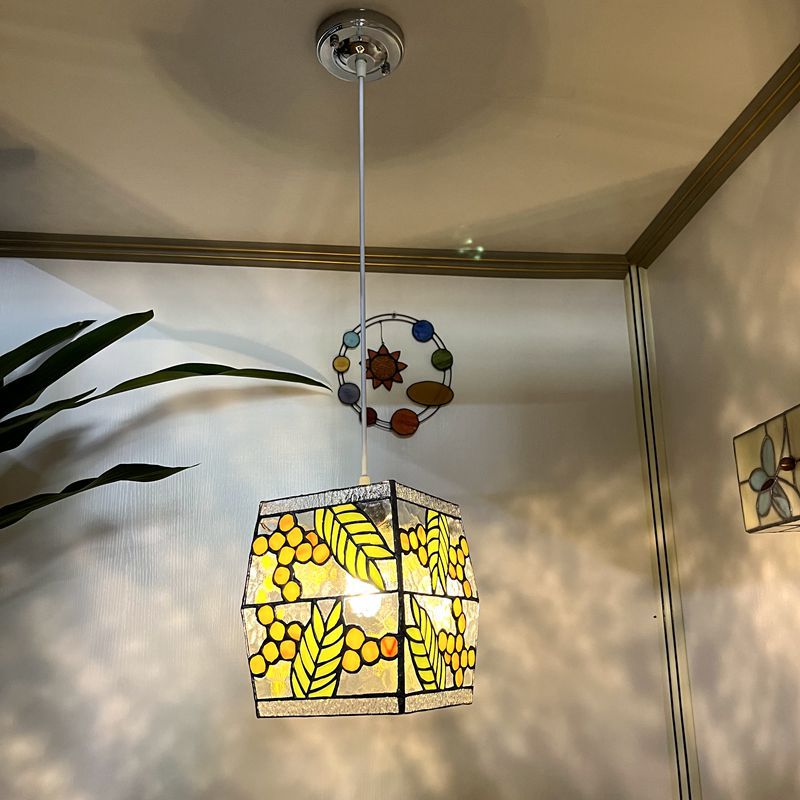 Japanese Vintage Rectangular Glass Iron 1-Light Pendant Light