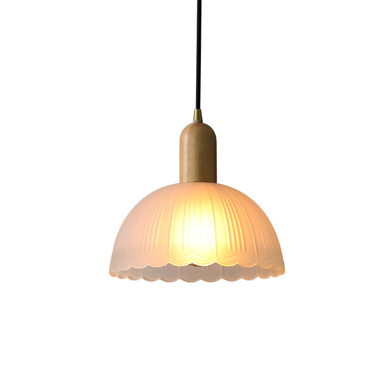 Traditional Japanese Wood Brass Glass Hemispheroid Flower 1-Light Pendant Light For Dining Room