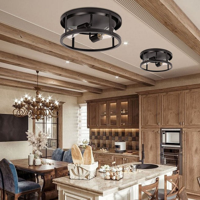 Industrial Vintage Iron Round Drum Hollow 2-Light Flush Mount Ceiling Light