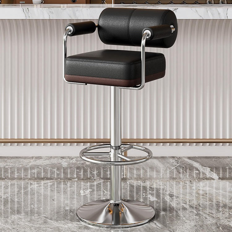 Modern Luxury Square Cylindrical Artificial Leather Metal Bar Stool Backrest Armrest For Dining Room