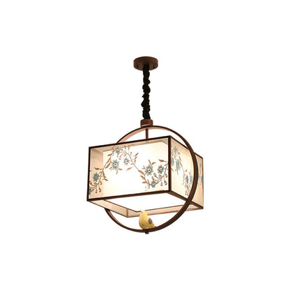 Chinese Zen Magnolia Embroidered Bird Fabric Shade 3-Light Chandelier