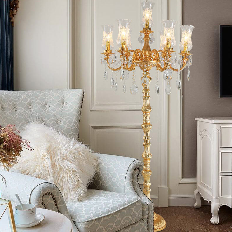European Luxury Golden Crystal Zinc Alloy Candle Holder 7-Light Standing Floor Lamp