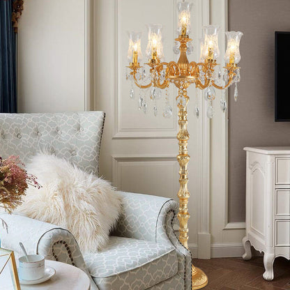 European Luxury Golden Crystal Zinc Alloy Candle Holder 7-Light Standing Floor Lamp