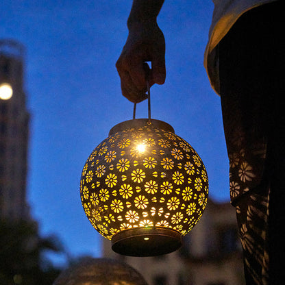 Modern Art Deco Solar Waterproof Portable Flower Round Lantern Iron LED Outdoor Light For Garden