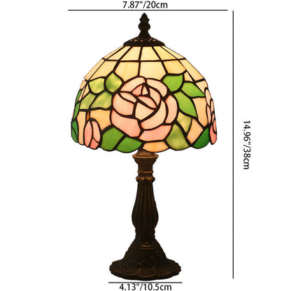 Traditional Tiffany Rose Flower Stained Glass Shade Zinc Alloy Base 1-Light Table Lamp For Study