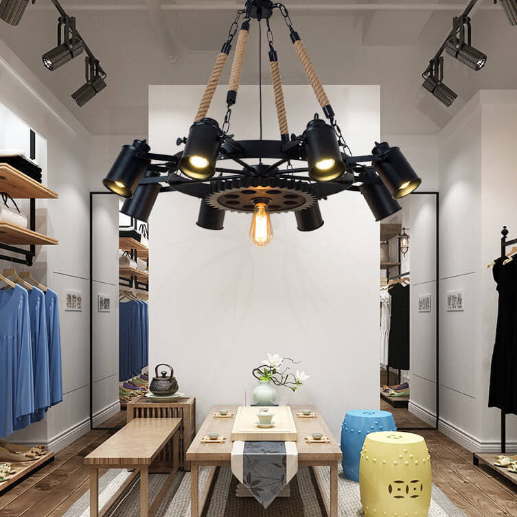 Industrial Retro Gear Wrought Ion Hemp Rope 6/8/10-Light Chandelier