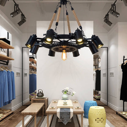 Industrial Retro Gear Wrought Ion Hemp Rope 6/8/10-Light Chandelier