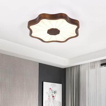 Traditional Chinese Lotus Leaf Wooden Iron Acrylic LED Flush Mount Ceiling Light For Living Room