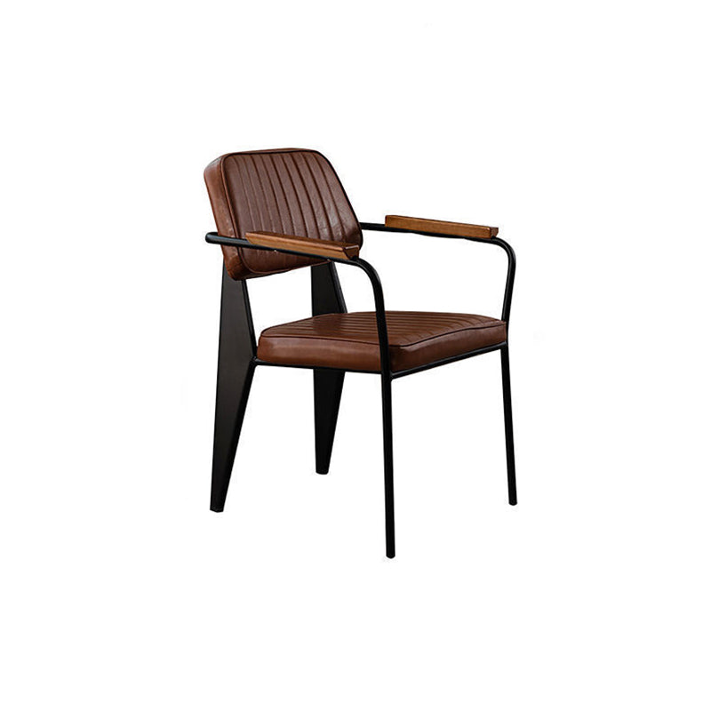 Contemporary Industrial Oil wax Leather Metal Sponge Wood Square Vertical Stripe Dining Chair Backrest Armrest For Dining Room