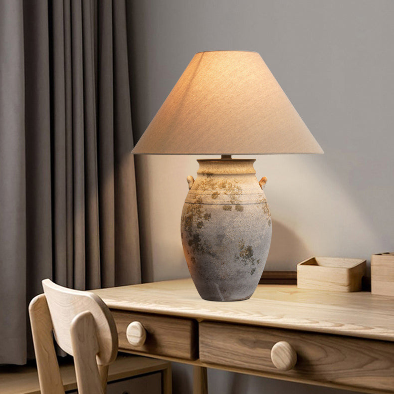 Traditional Vintage Ceramic Fabric Metal Conic Pot 1-Light Table Lamp For Bedside