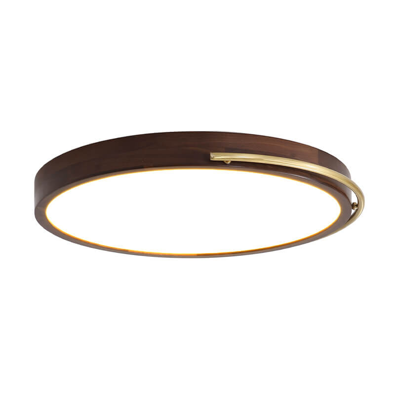 Modern Chinese Walnut Round Copper Ring LED Flush Mount Ceiling Light