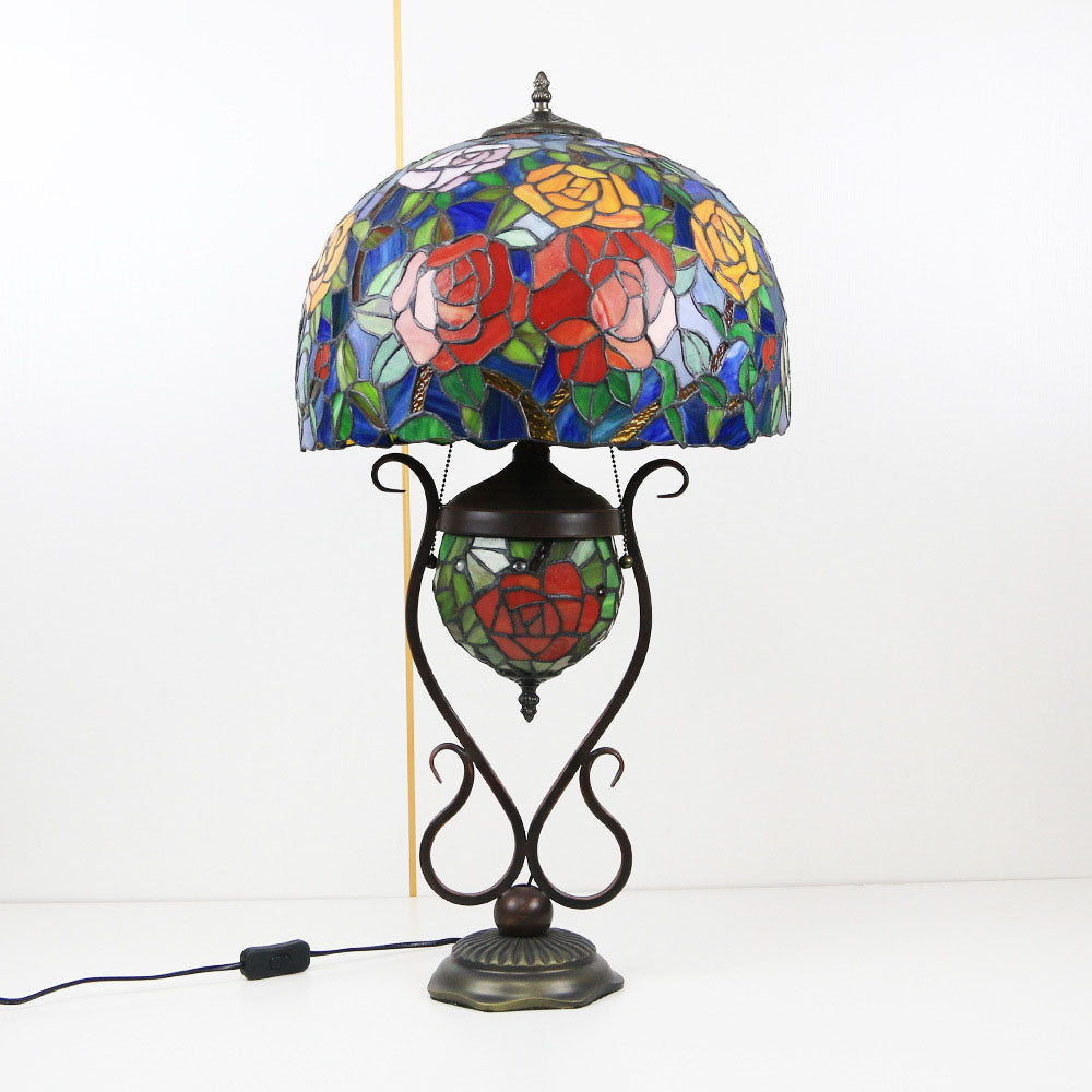 Tiffany European Vintage Floral Stained Glass Round Pot 3-Light Table Lamp