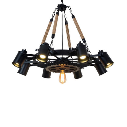 Industrial Retro Gear Wrought Ion Hemp Rope 6/8/10-Light Chandelier