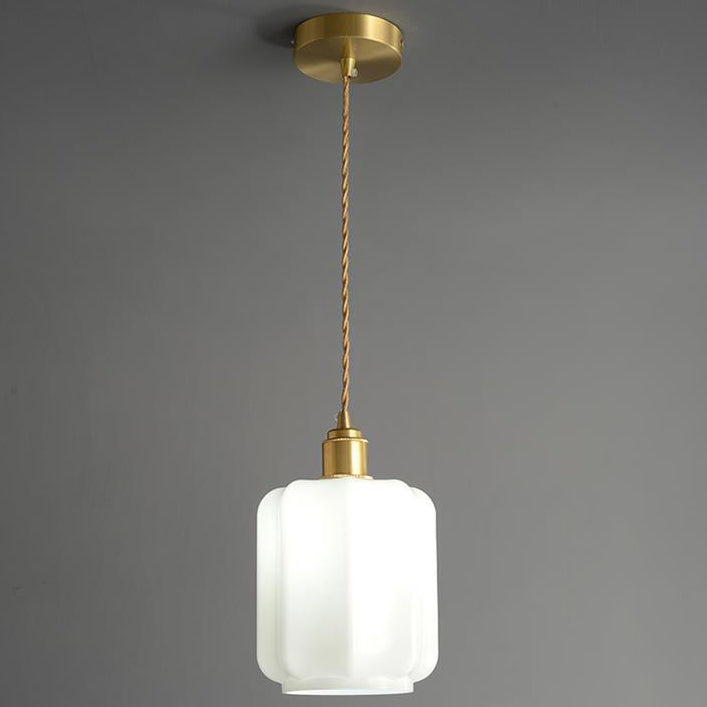 Traditional Vintage Cylindrical Brass Glass 1-Light Pendant Light For Bedroom