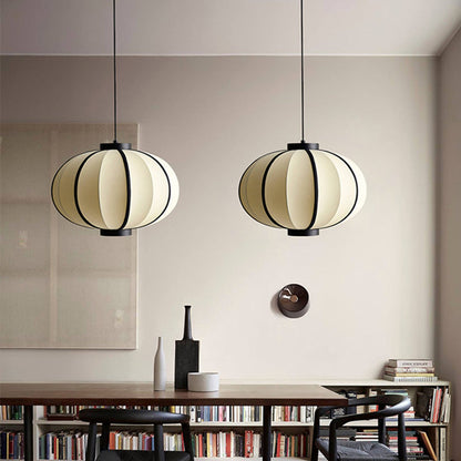 Traditional Chinese Fabric Lantern Iron Frame 1-Light Pendant Light For Living Room