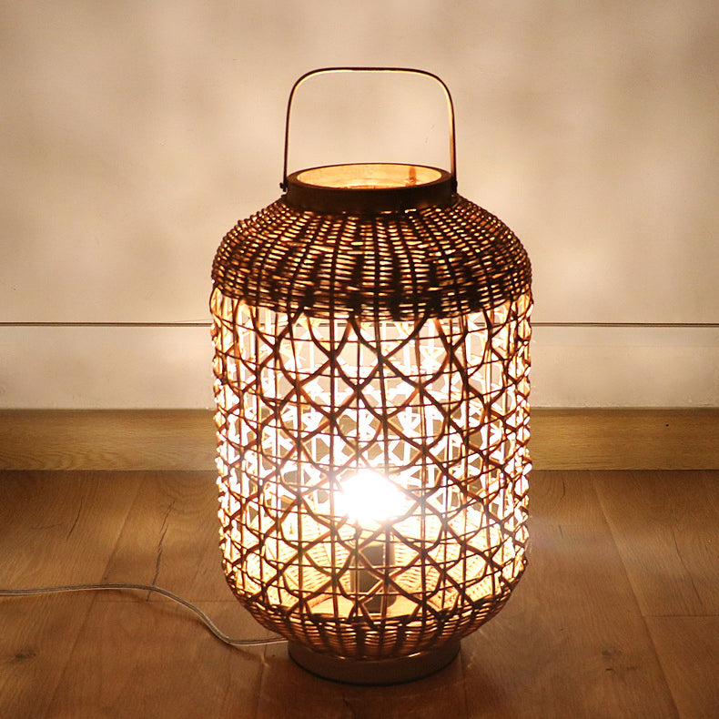 Traditional Vintage Cylinder Lantern Bamboo Rattan 1-Light Table Lamp For Living Room