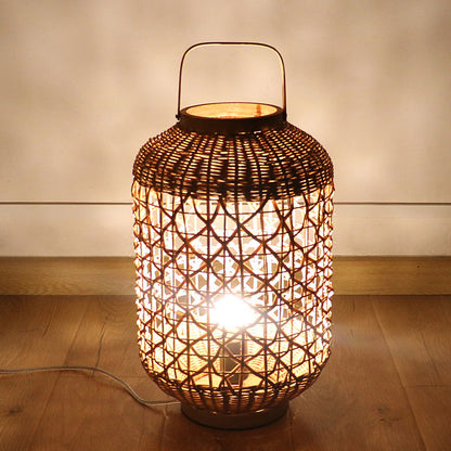 Traditional Vintage Cylinder Lantern Bamboo Rattan 1-Light Table Lamp For Living Room