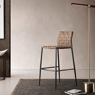 Contemporary Luxury Square Faux Saddle Leather Metal Bar Stool Backrest Footrest For Dining Room