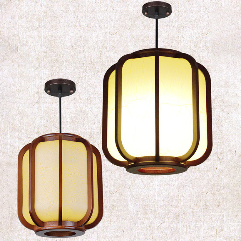 Modern Chinese Faux Sheepskin Wooden Lantern 1-Light Pendant Light