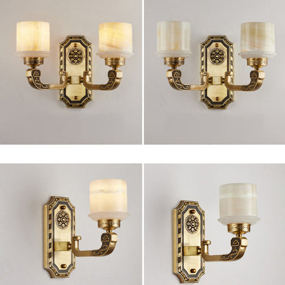 Traditional Chinese Copper Marble Cylinder 1/2 Light Wall Sconce Lamp For Living Room