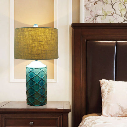 Traditional Vintage Cylinder Stripe Base Ceramic Fabric 1-Light Table Lamp For Bedroom