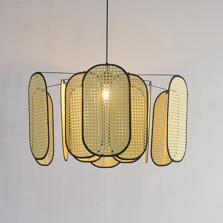 Traditional Japanese Oval Rattan Weaving Shade 1-Light Pendant Light For Living Room