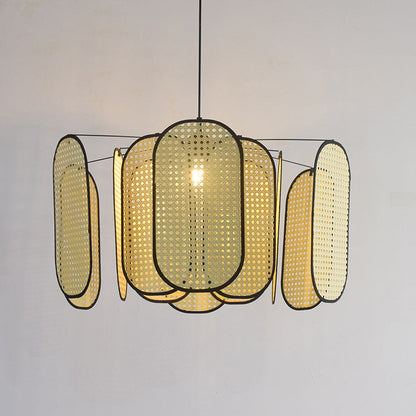 Traditional Japanese Oval Rattan Weaving Shade 1-Light Pendant Light For Living Room