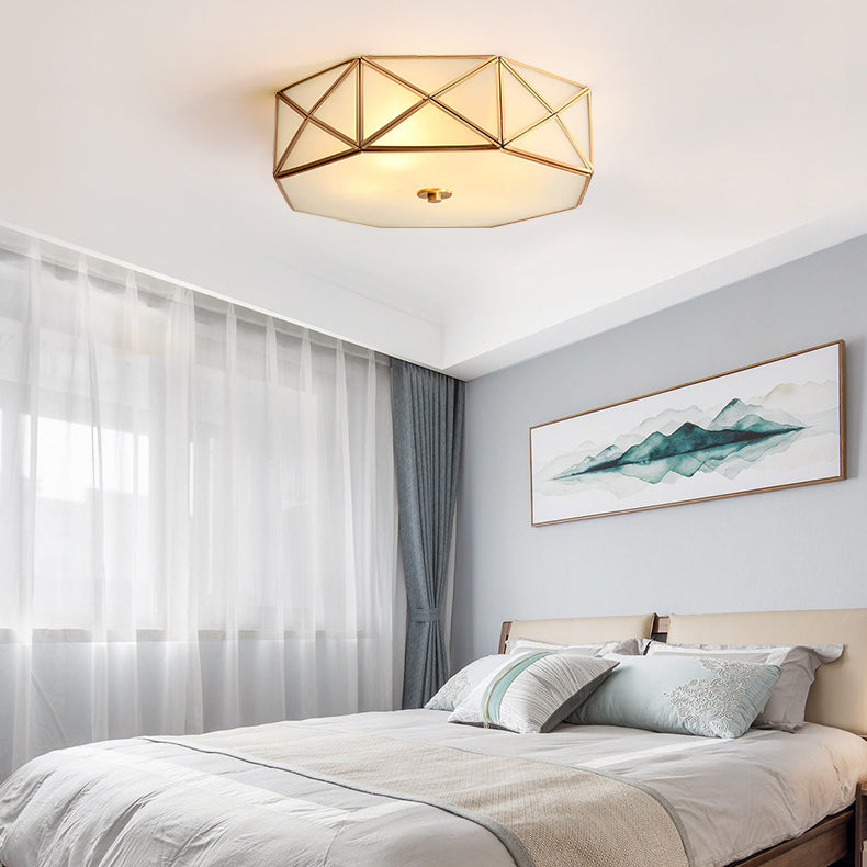 Contemporary Retro Brass Glass Octagon Geometric Line 3/4/6 Light Flush Mount Ceiling Light For Living Room