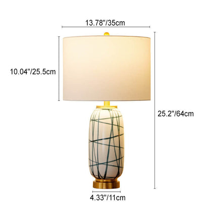 Nordic Light Luxury Green Striped Ceramic Drum Fabric 1-Light Table Lamp