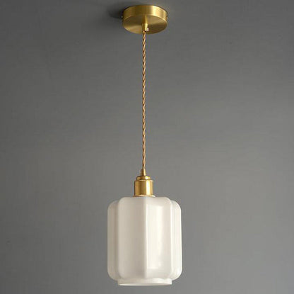 Traditional Vintage Cylindrical Brass Glass 1-Light Pendant Light For Bedroom