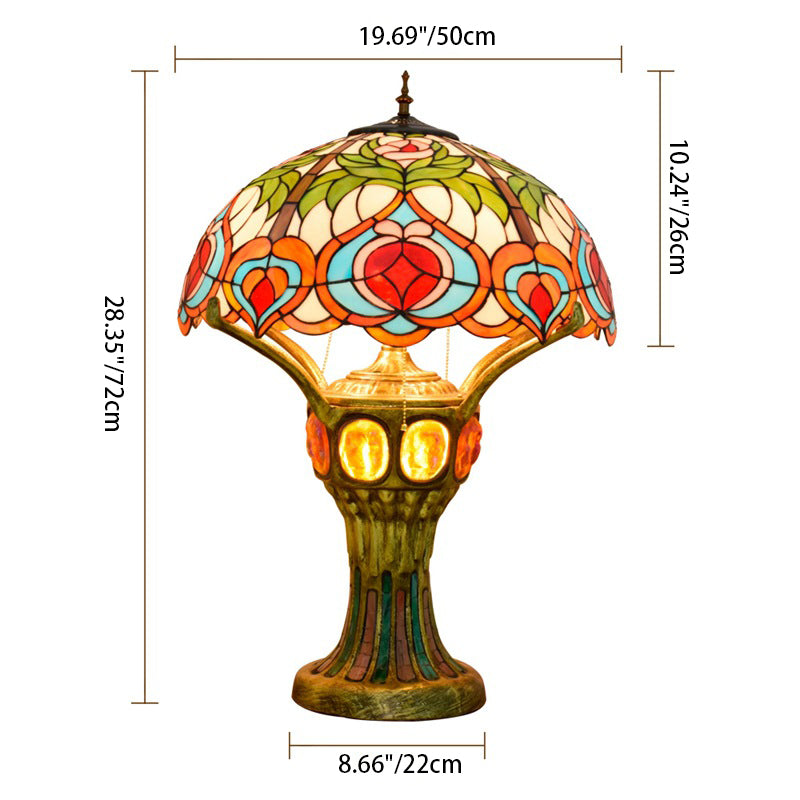 Traditional Tiffany Peach Stained Glass Dome 4-Light Table Lamp For Study