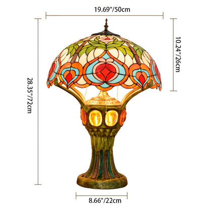 Traditional Tiffany Peach Stained Glass Dome 4-Light Table Lamp For Study