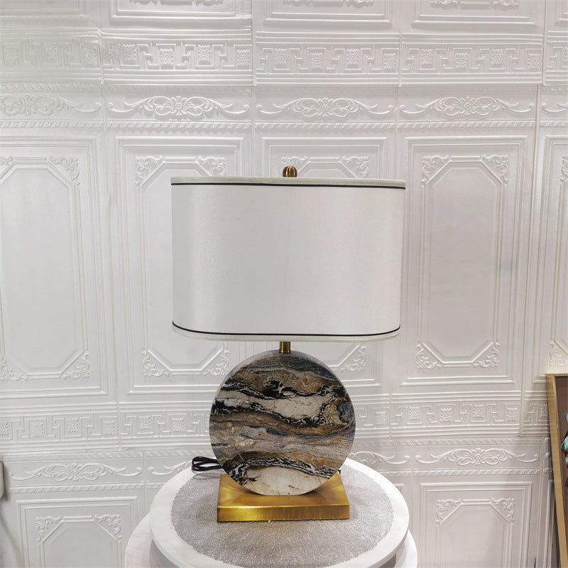 Traditional Chinese Round Rectangular Marble Fabric Metal Base 1-Light Table Lamp For Living Room