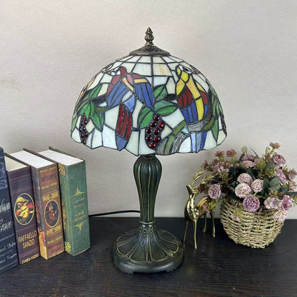 Traditional Tiffany Metal Glass Dome Grape Flower Dragonfly Butterfly 1-Light Table Lamp For Bedside