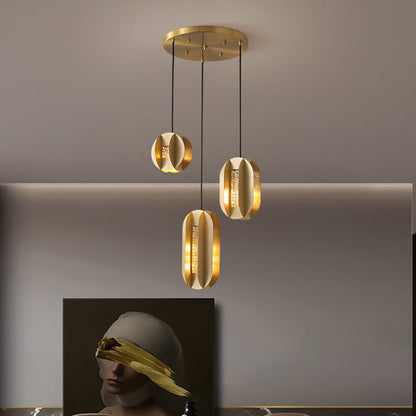 Traditional Chinese Copper Glass Cylinder Elliptical Hollow 1/3/6 Light Chandelier For Entryway