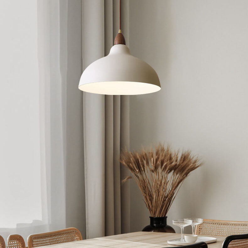 Japanese Simple Iron Dome Solid Wood Top 1-Light Pendant Light