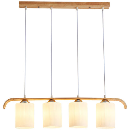 Contemporary Scandinavian Long Cylinder Glass Wood 4-Light Island Light Chandelier For Living Room