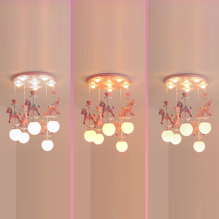 Modern Art Deco Kids Iron Resin Glass Round Base Ball Horse 1/3/5 Light Flush Mount Ceiling Light For Bedroom